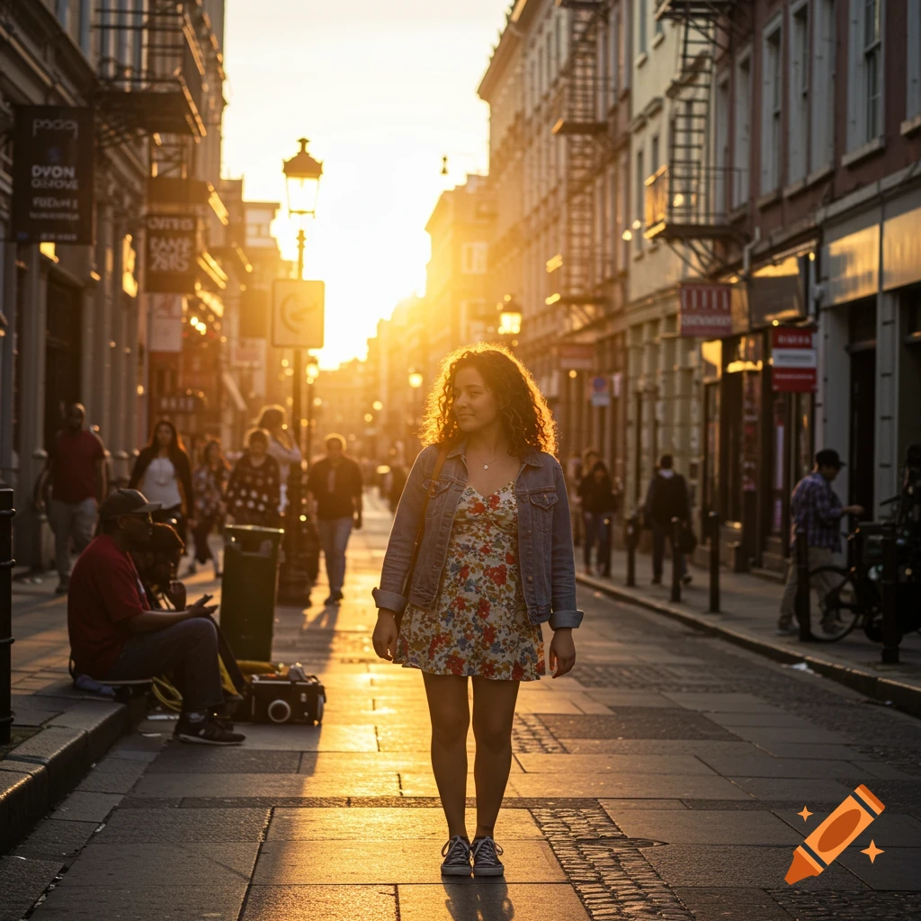 A young woman walks down a bustling city street bathed in the golden light of sunset.