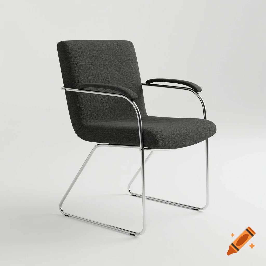 A 3D rendering of a modern dark grey upholstered chair with a chrome frame.
