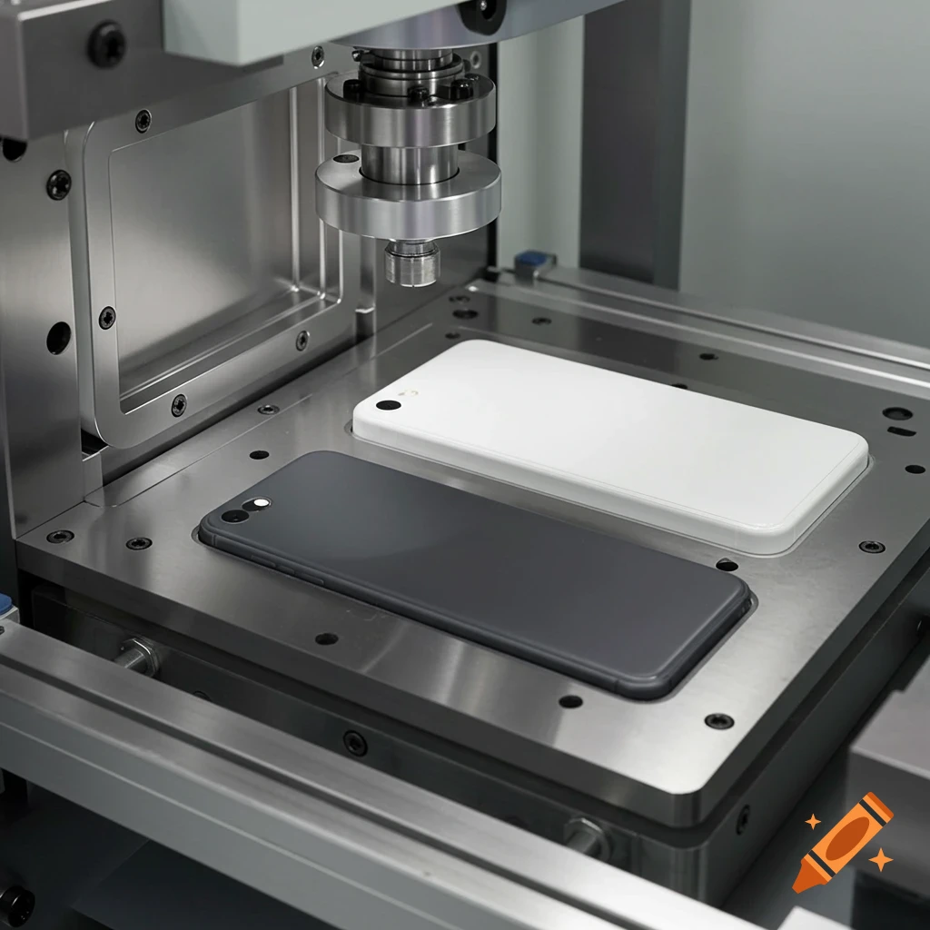 Close-up of a precision molding machine holding two mobile phone cases, one black and one white.