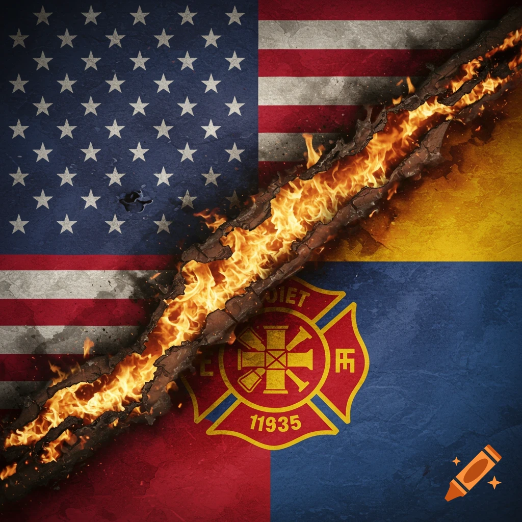 US flag and firefighter emblem divided by fire.
