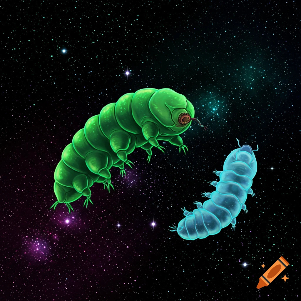 Two tardigrades are floating in space, a green one and a translucent blue one.