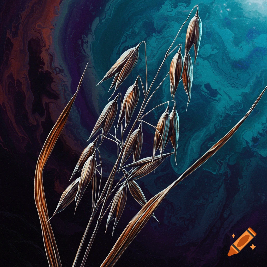 A stalk of oats against a dark, abstract background.