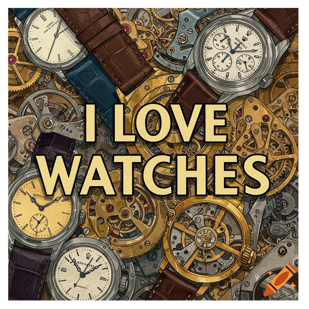 Illustration of watches and clockwork mechanisms with the text 'I LOVE WATCHES'