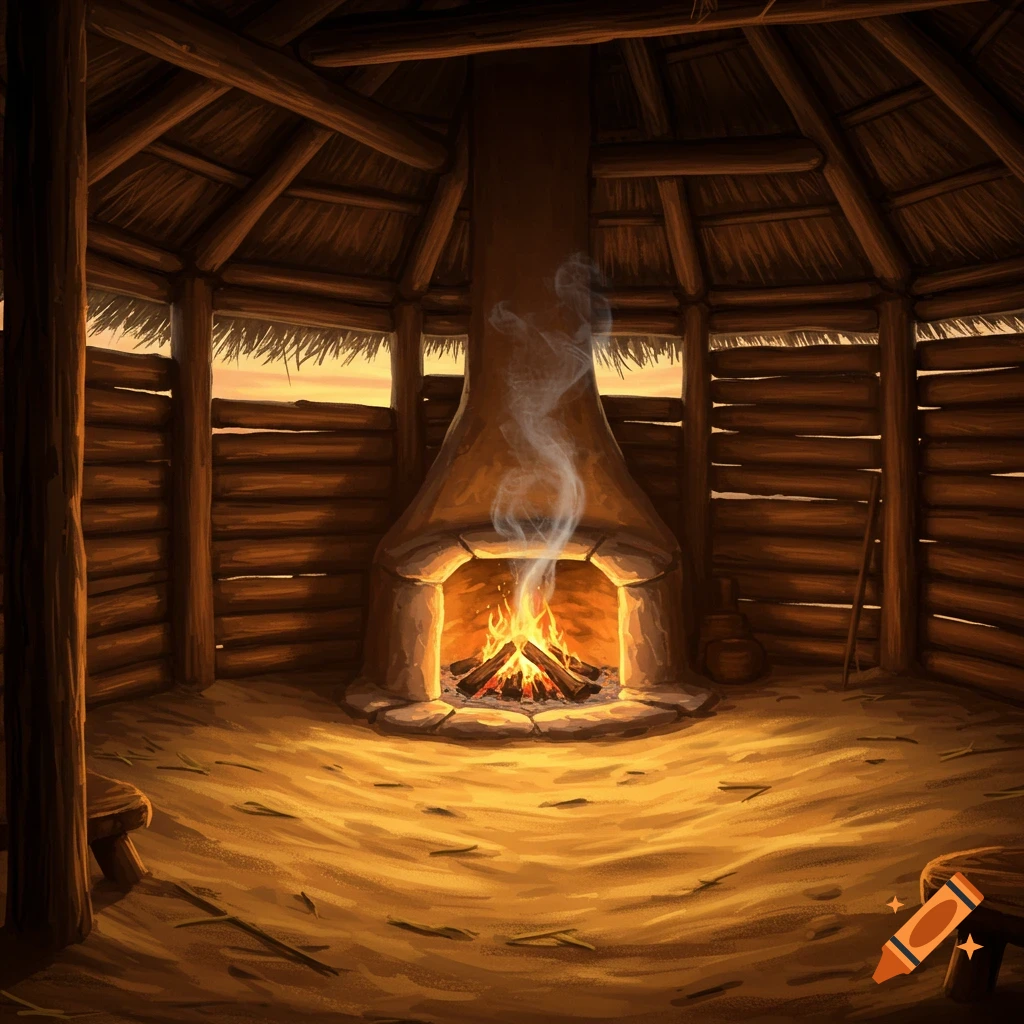 Primitive hut interior with a large fireplace and sandy floor.
