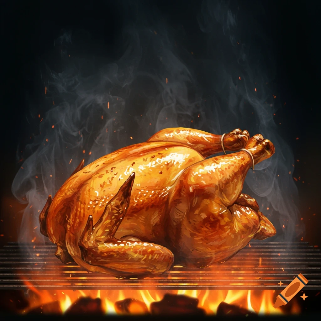 A roasted chicken on a grill with smoke and flames.