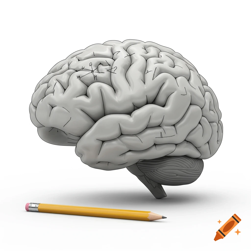 A light grey brain with scribbled symbols on the top sits next to a yellow pencil on a white surface.