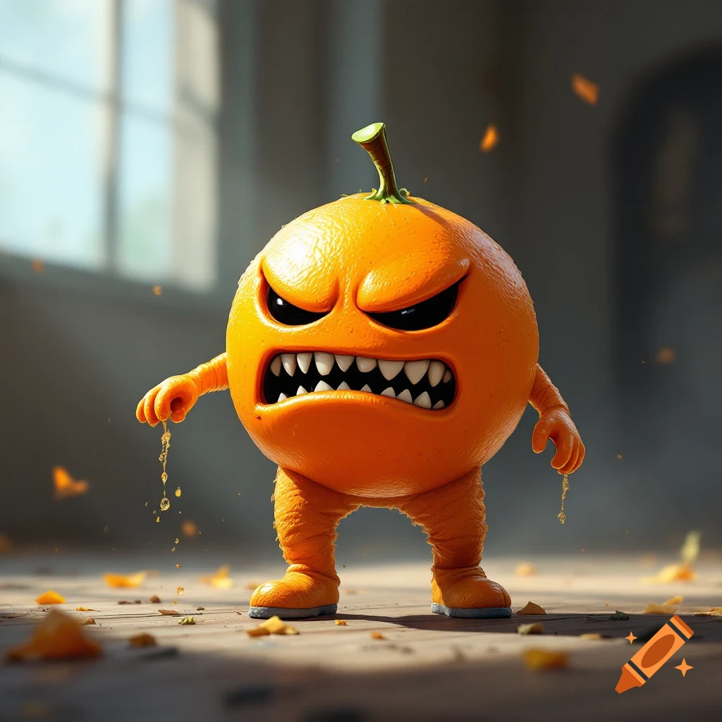 Angry cartoon orange character stands on a wooden floor