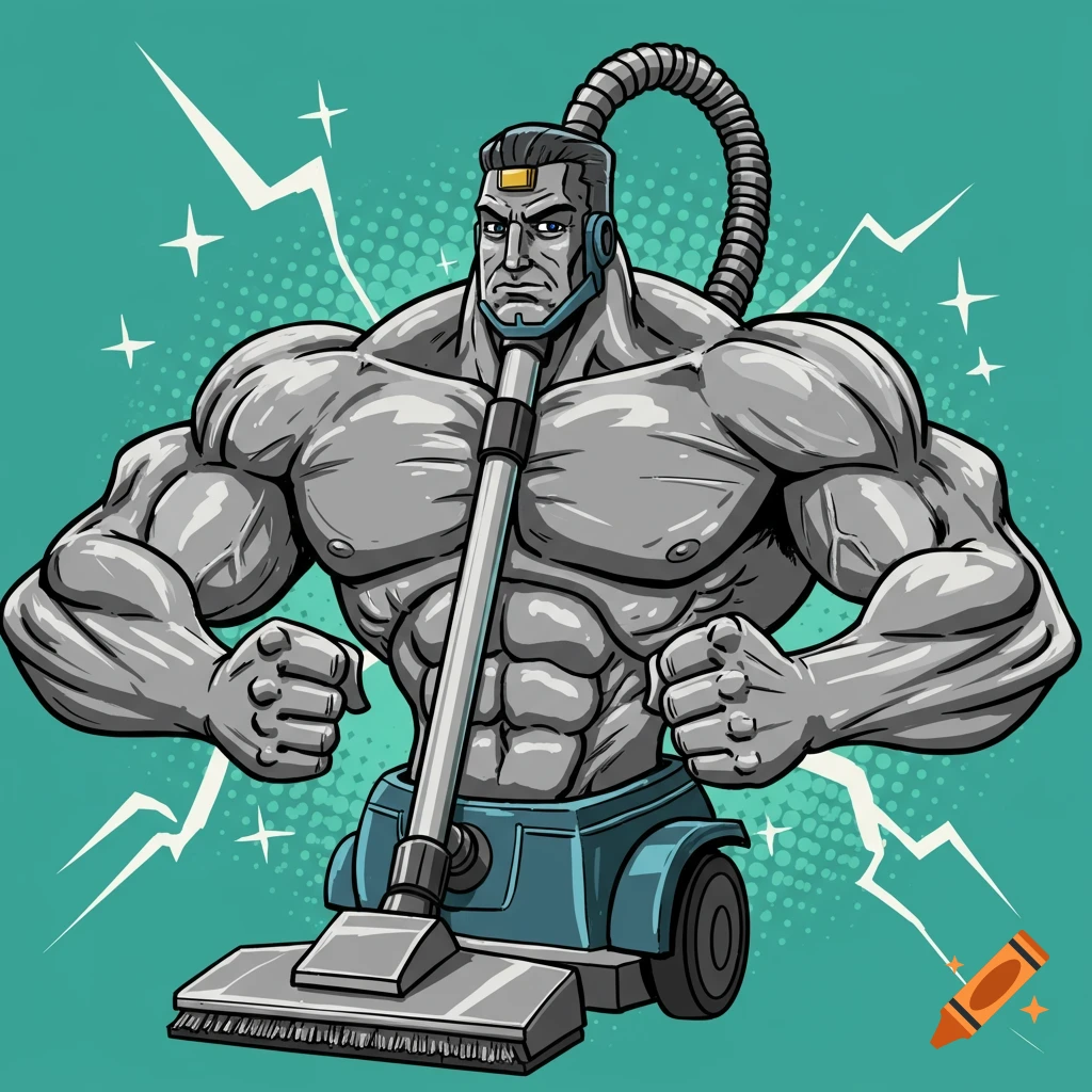 Muscular vacuum cleaner superhero flexing.
