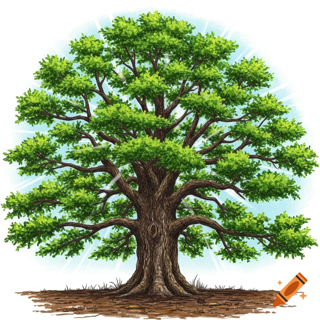 An illustration of a large green tree with sun rays behind it.