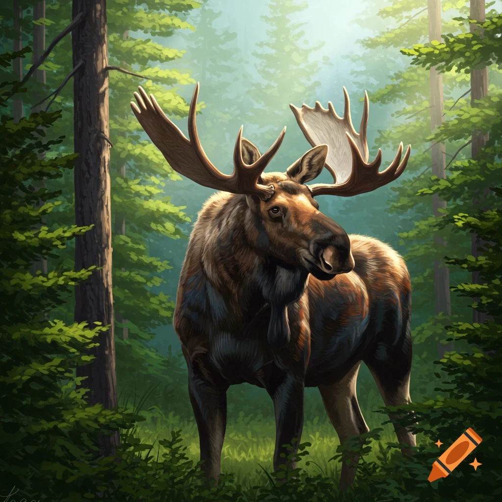 A large bull moose stands in a sunlit forest clearing.