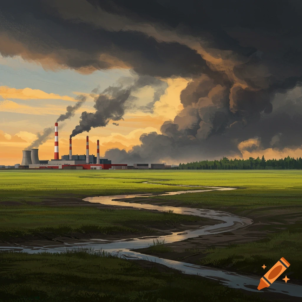 An industrial plant emitting smoke into a dark, cloudy sky, overlooking a green field and winding stream.