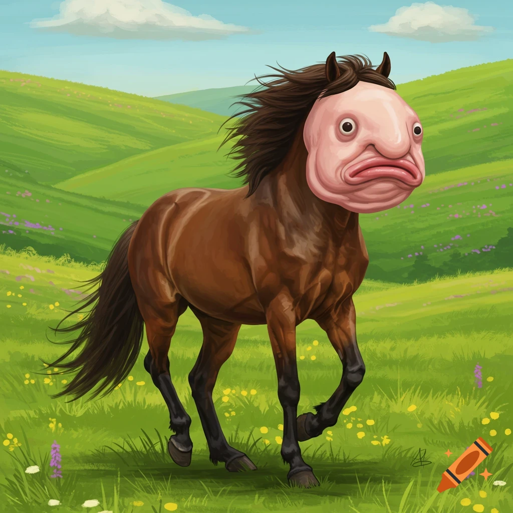 A brown horse with a blobfish head runs through a green, rolling field under a blue sky.