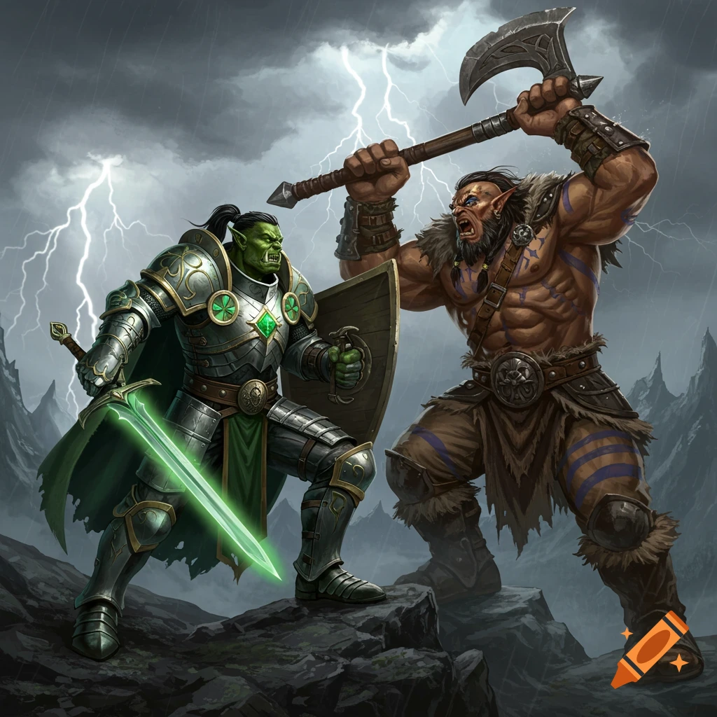 A fantasy battle unfolds between a green-skinned paladin and a barbarian on a rocky cliff as lightning illuminates the scene.
