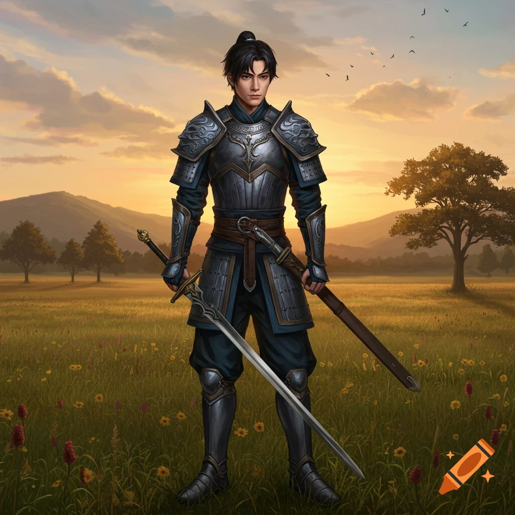 A warrior in ornate armor stands in a field at sunset