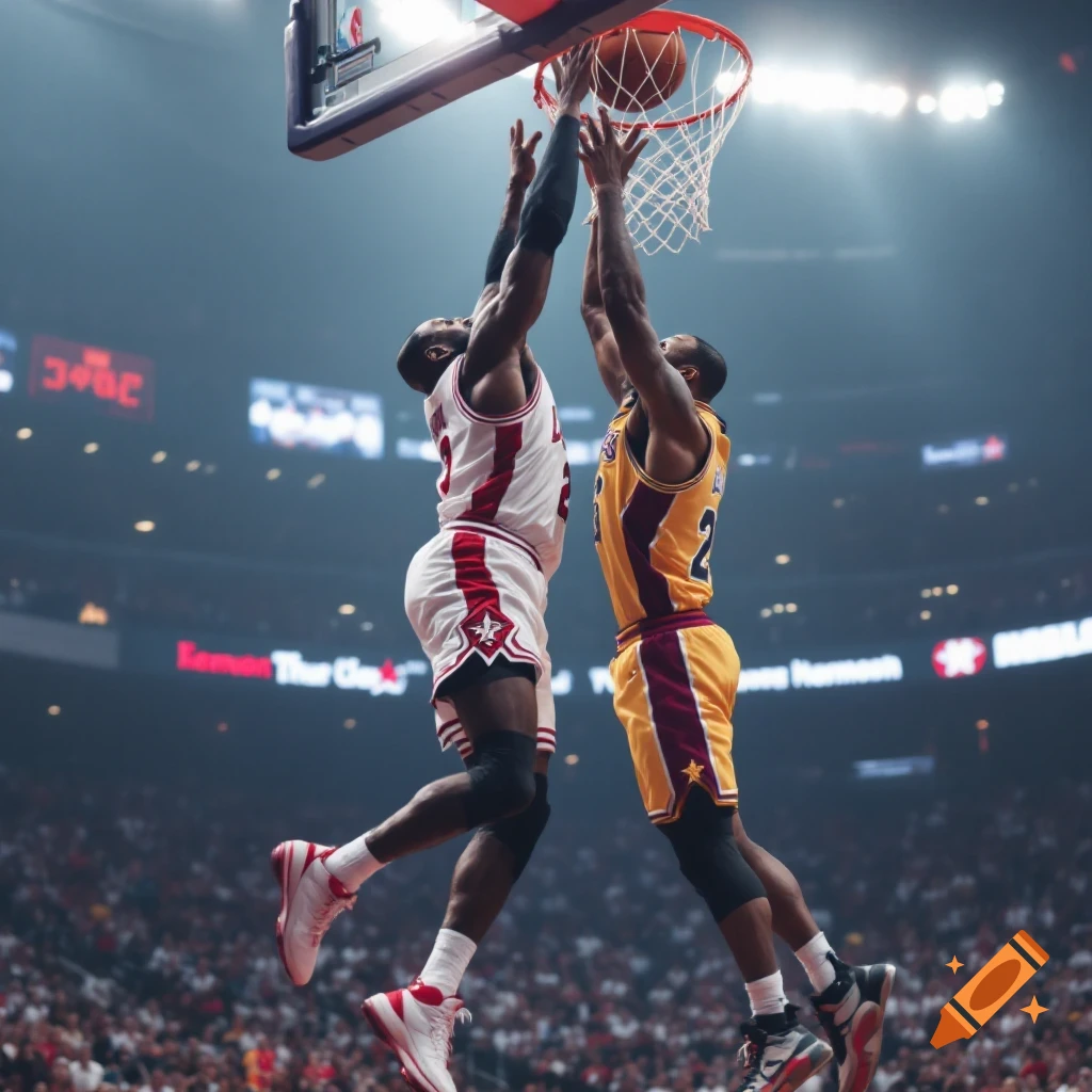 Two basketball players, one in a white and red jersey and one in yellow and purple, jump near the hoop during a game.