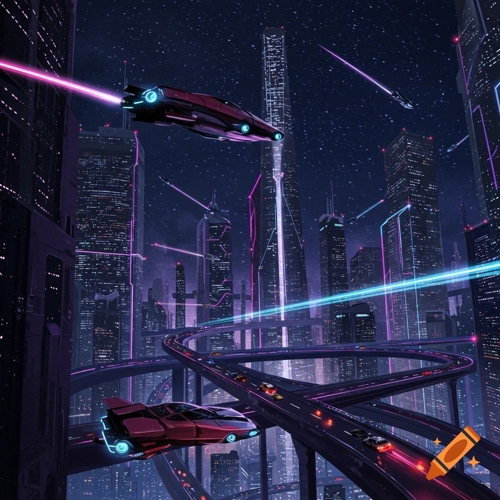 A futuristic city at night with tall buildings, flying cars, and glowing purple and blue lights.