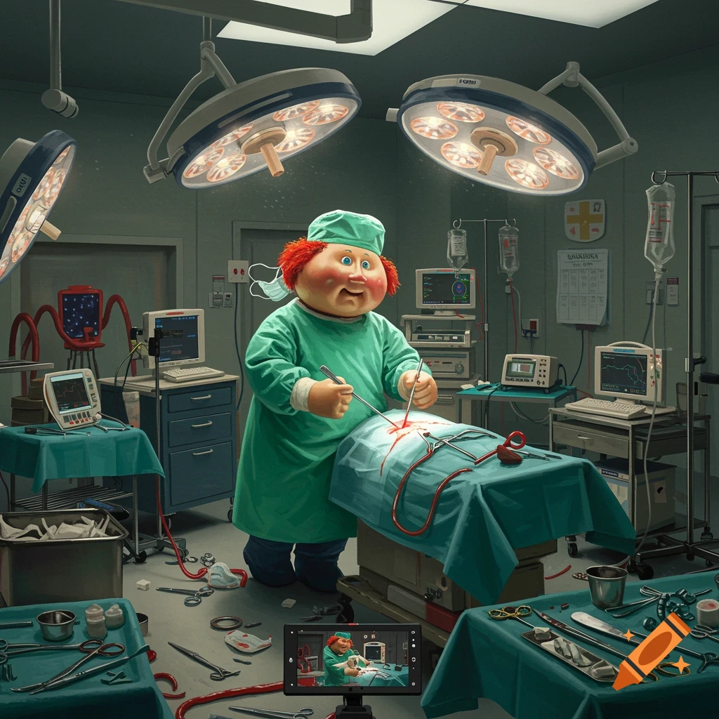 A Garbage Pail Kid character performs surgery in a chaotic, brightly lit operating room, live-streaming the event.