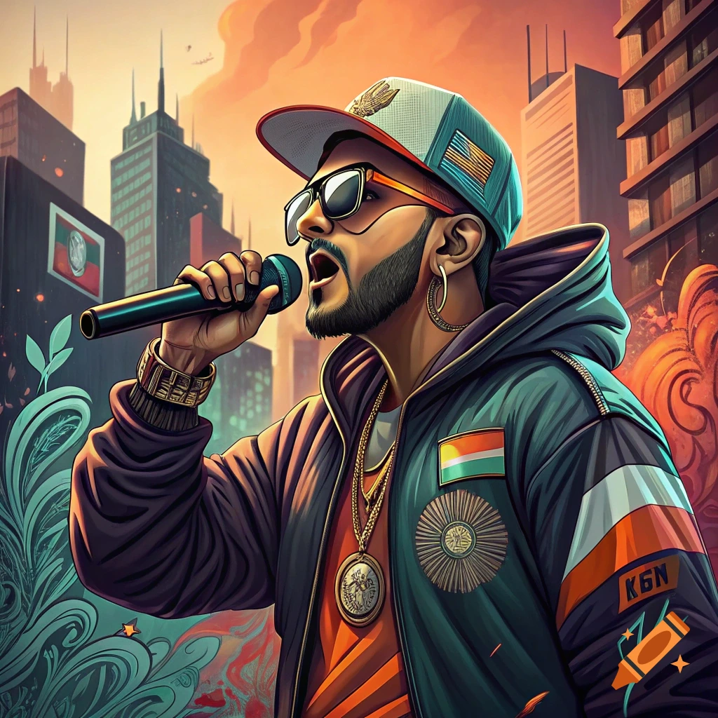 A man wearing a cap and jacket raps into a microphone against an urban background in an illustrative style.