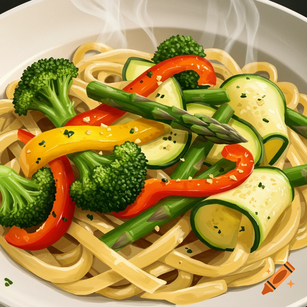 Pasta primavera with broccoli, bell peppers, zucchini, and asparagus.