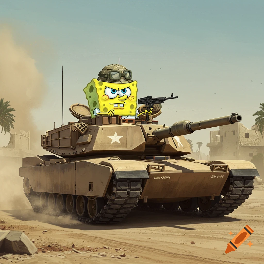 Spongebob Squarepants drives an M1 Abrams tank through a desert.