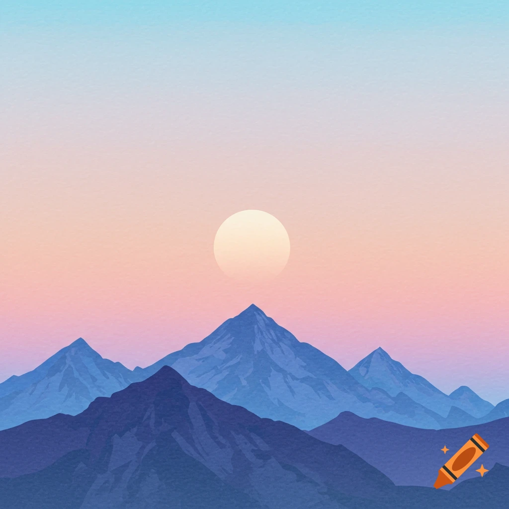 Watercolor painting of layered mountains under a large sun in a gradient sky.