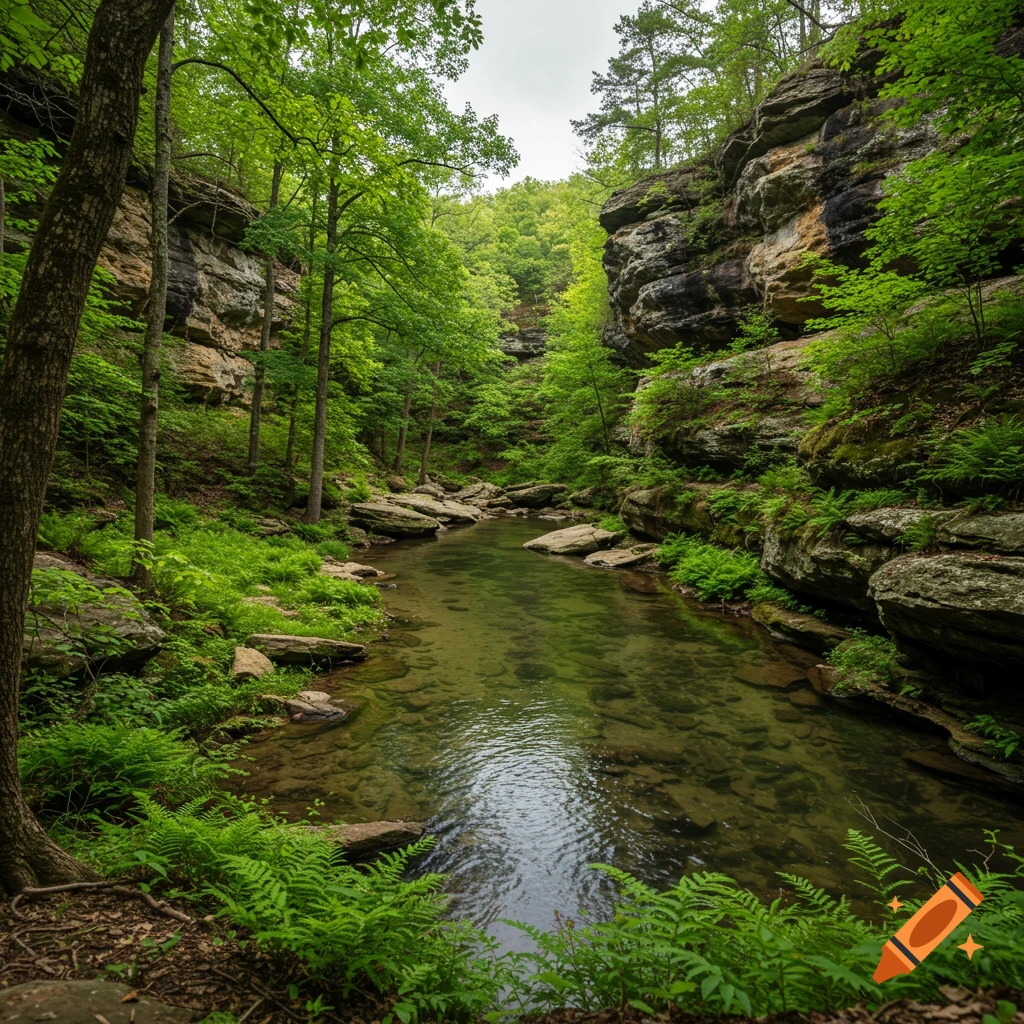 A stream flows through a forest with rocky bluffs