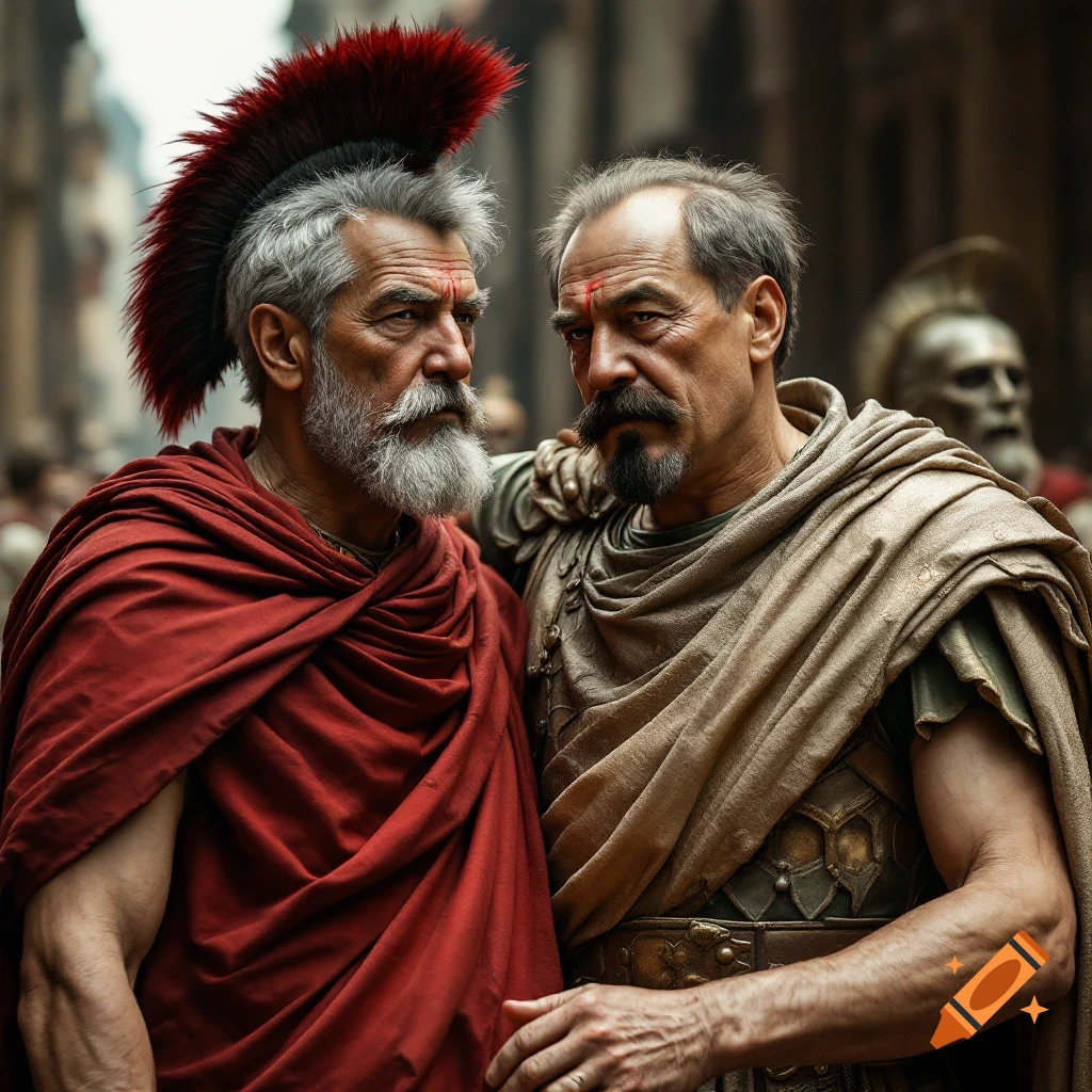 Photorealistic portrait of two older men in ancient Roman attire.