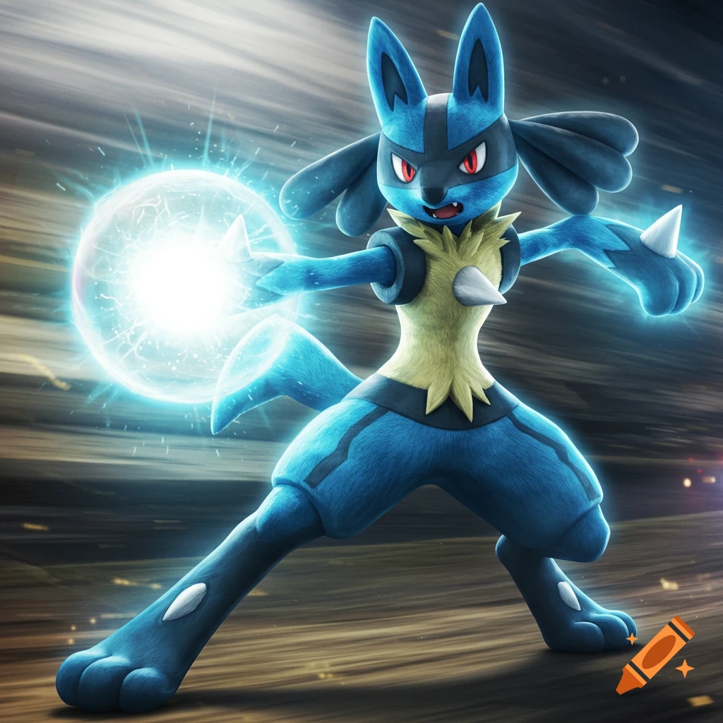 Lucario, a blue and black Pokémon, charging an energy sphere in a dynamic pose.