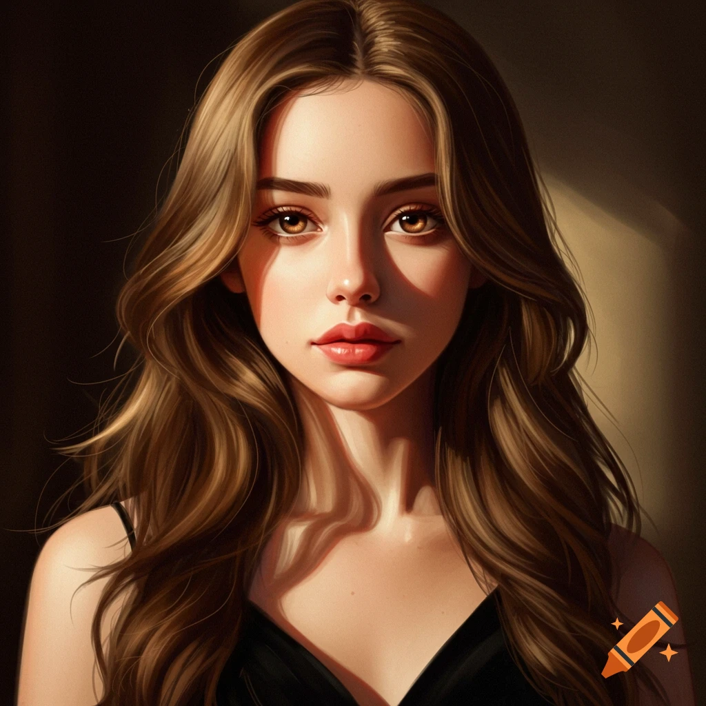 A woman with long brown hair and brown eyes, bathed in dramatic light.