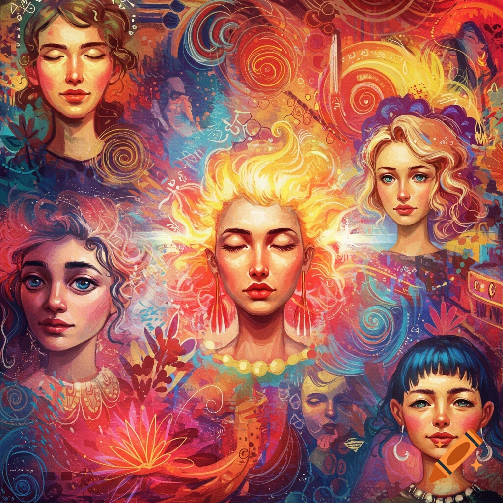 Multiple women's faces are surrounded by vibrant abstract patterns.