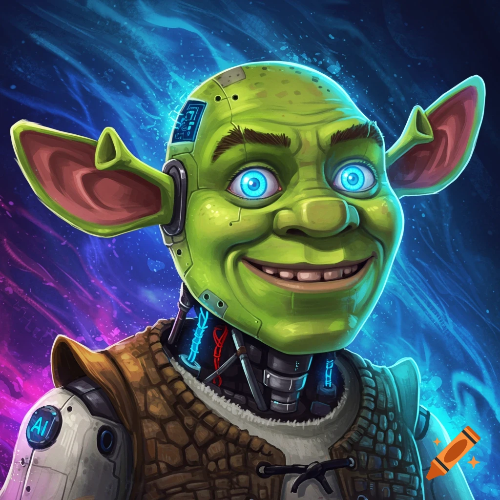 Image of a robot Shrek character with glowing blue eyes and metal parts, against a vibrant blue and purple background.