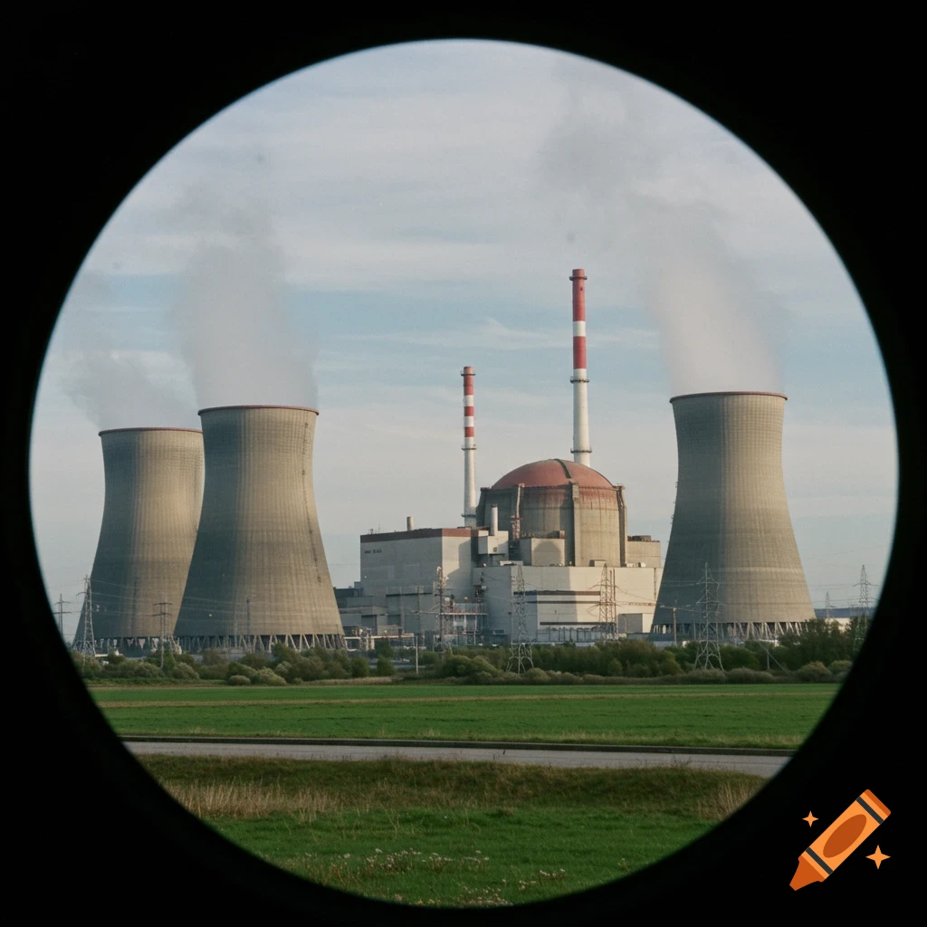 A nuclear power plant with cooling towers and chimneys is viewed through a circular frame.