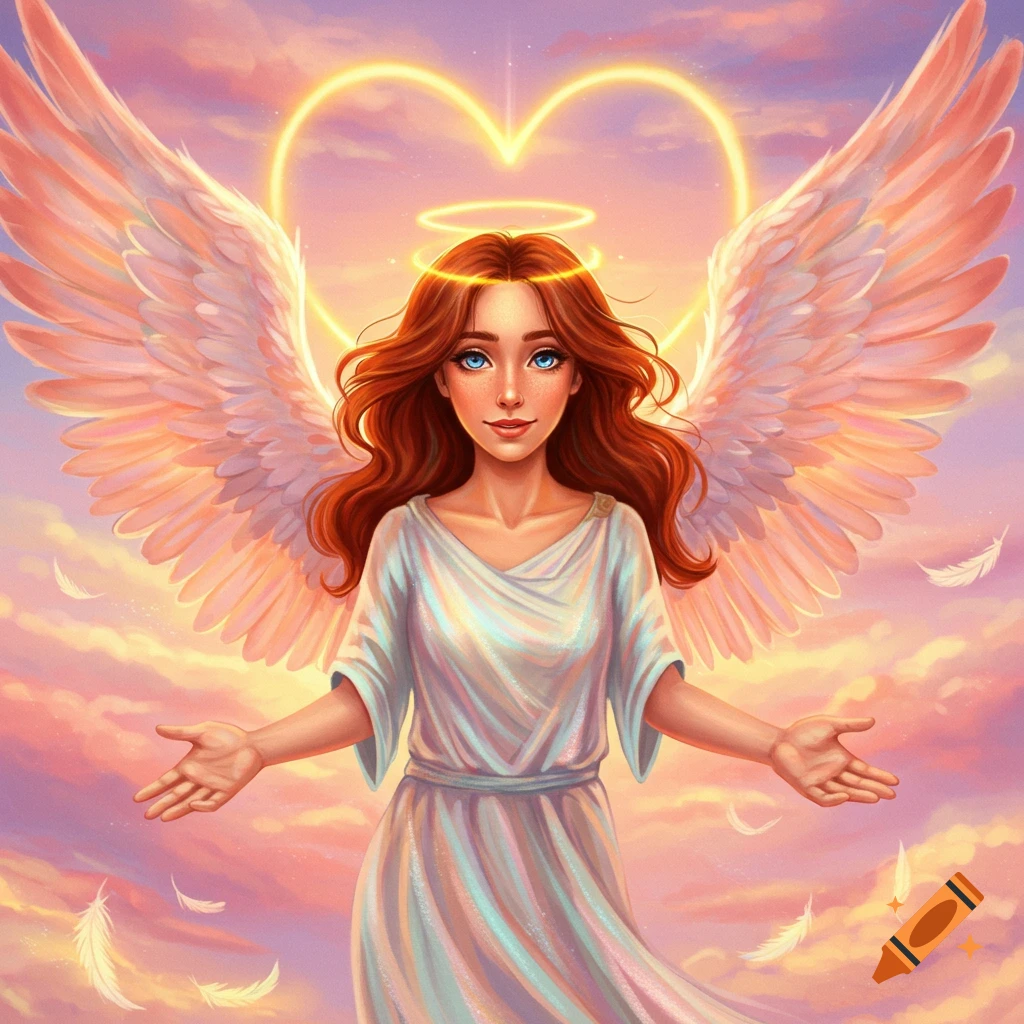 A red-haired angel with large wings and a heart-shaped halo in a cloudy sky.