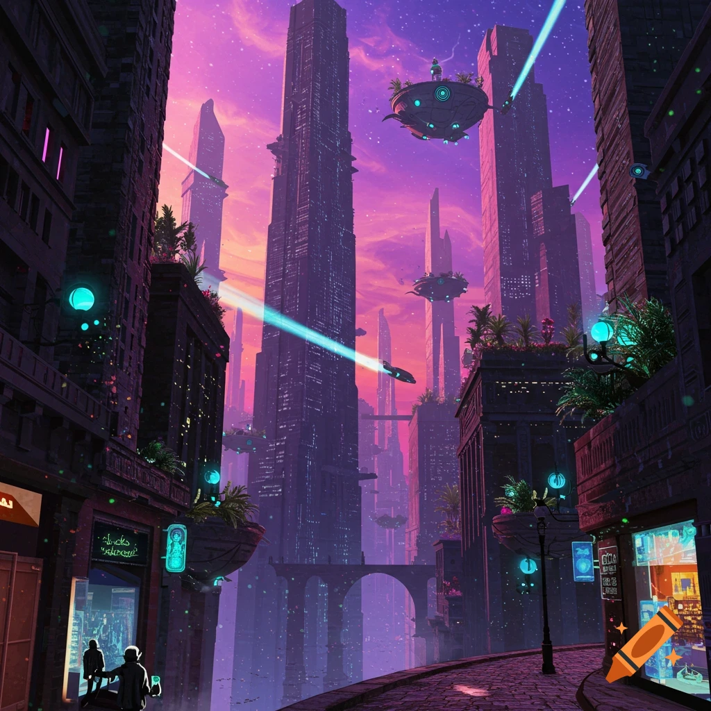 A futuristic city with tall buildings, flying vehicles, and cobblestone streets under a vibrant sky.
