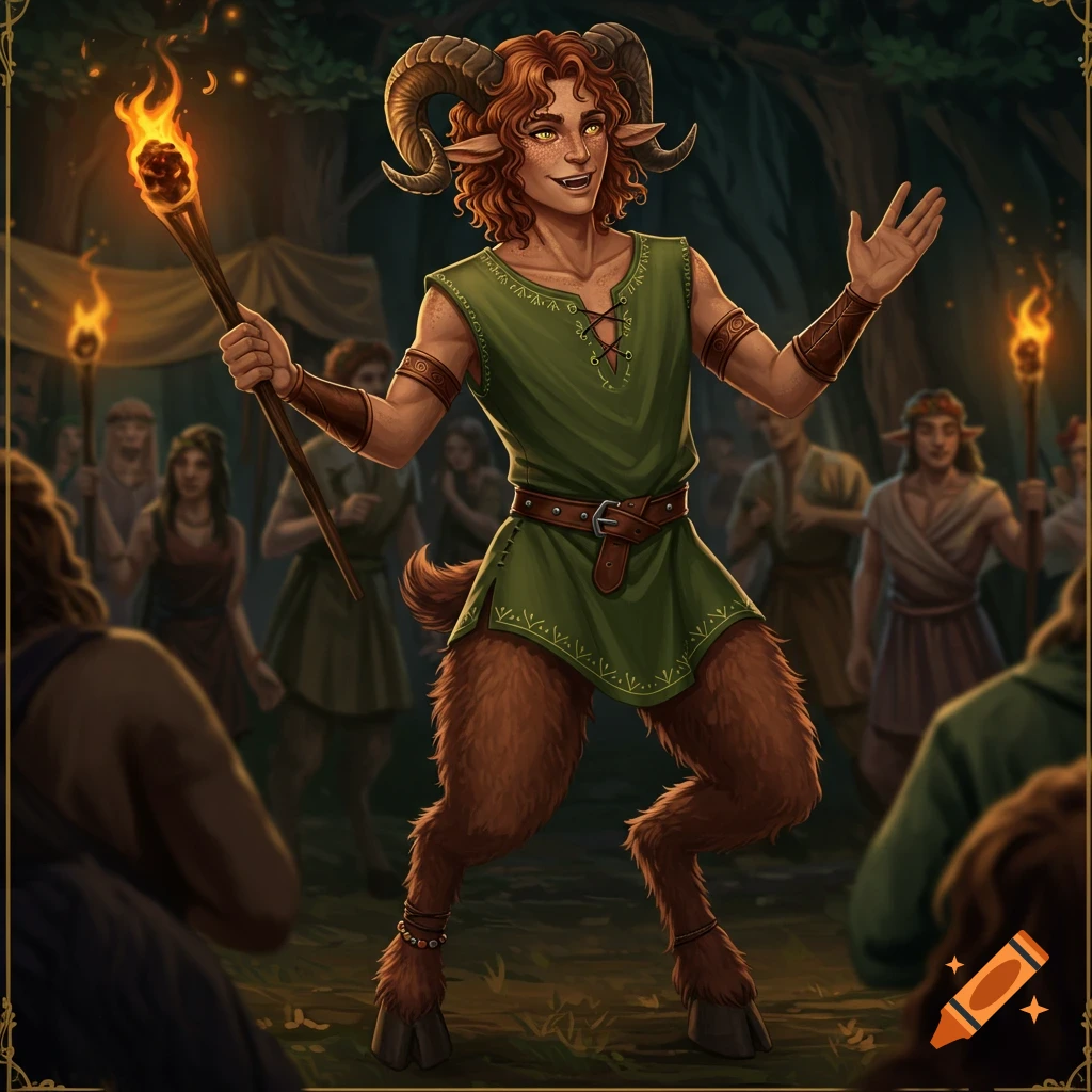A satyr holding a torch smiles and gestures before a crowd at a night festival in a forest.