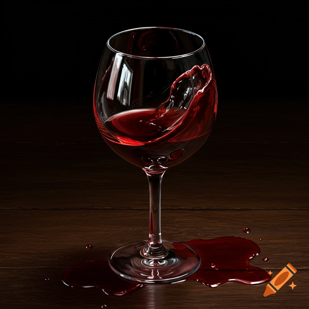 Red wine splashing and spilling from a glass onto a wooden table