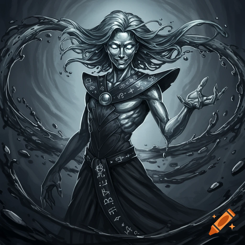 A gaunt fantasy villain with glowing eyes, wearing dark robes with runes, surrounded by swirling mercury.