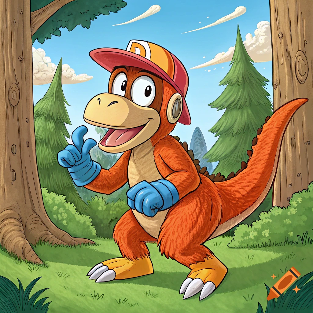 A cartoon orange dinosaur wearing a red and yellow baseball cap and blue gloves gives a thumbs up in a forest clearing.