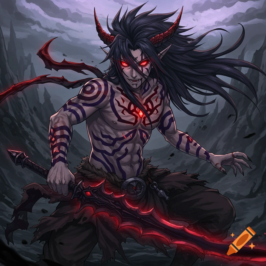 A dark elf character with red eyes, horns, and glowing tattoos holds a red sword in a dynamic pose in an anime style.