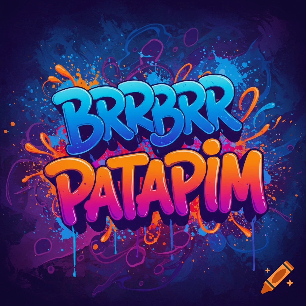 Graffiti text 'BRRBRR PATAPIM' with colorful paint splatters on a dark background.
