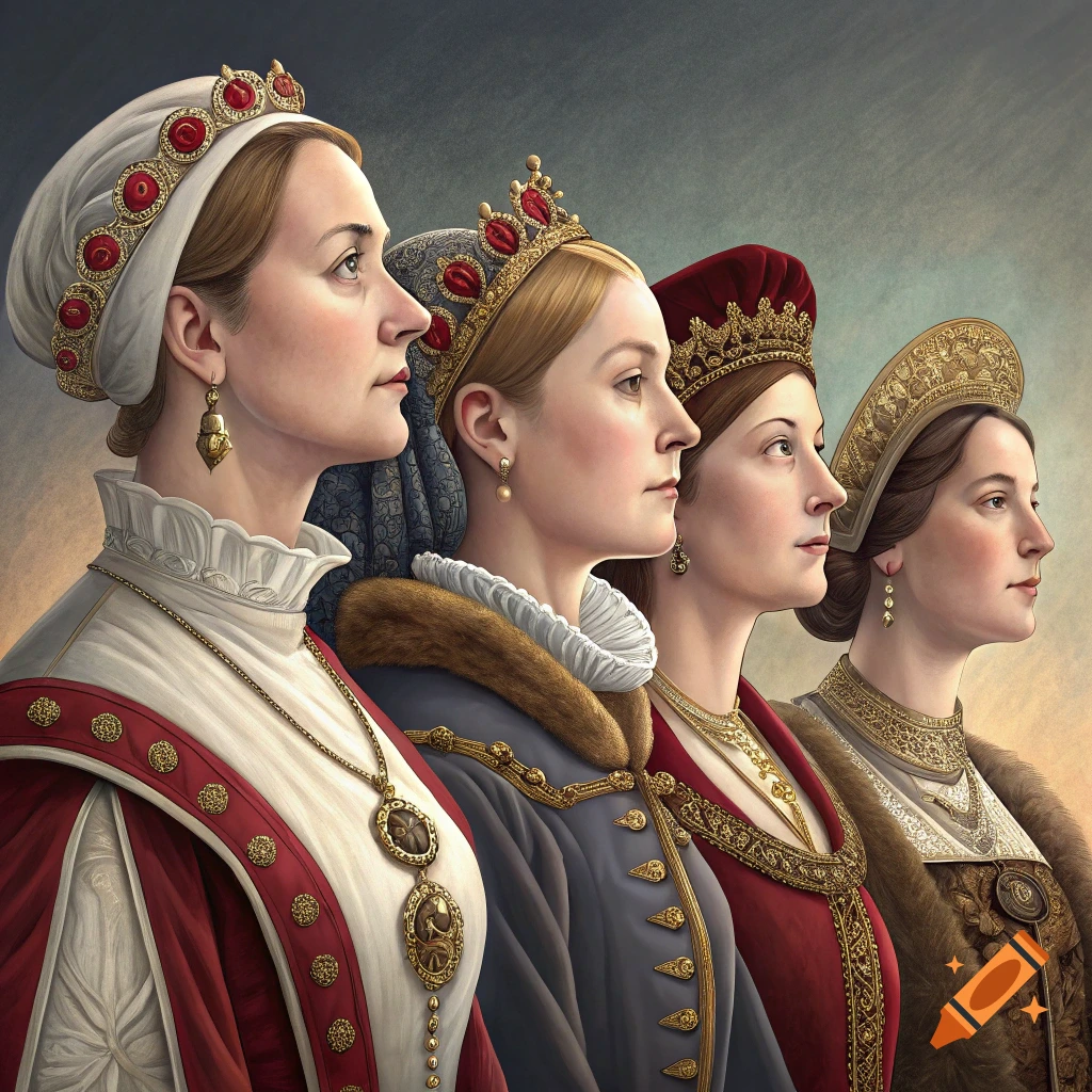 Four women in historical clothing and crowns, looking right in a portrait style