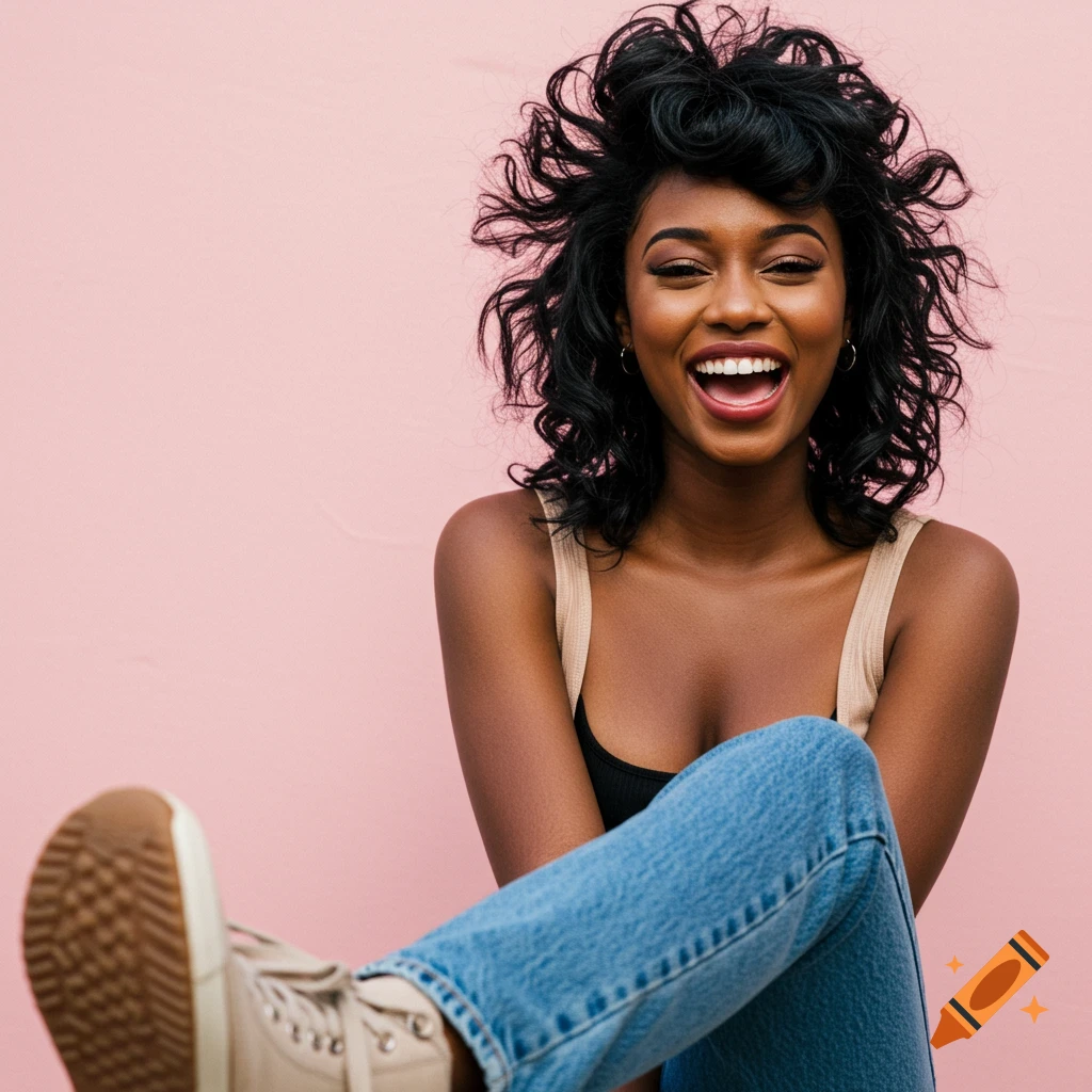 Young woman with dark curly hair laughing against a pink background