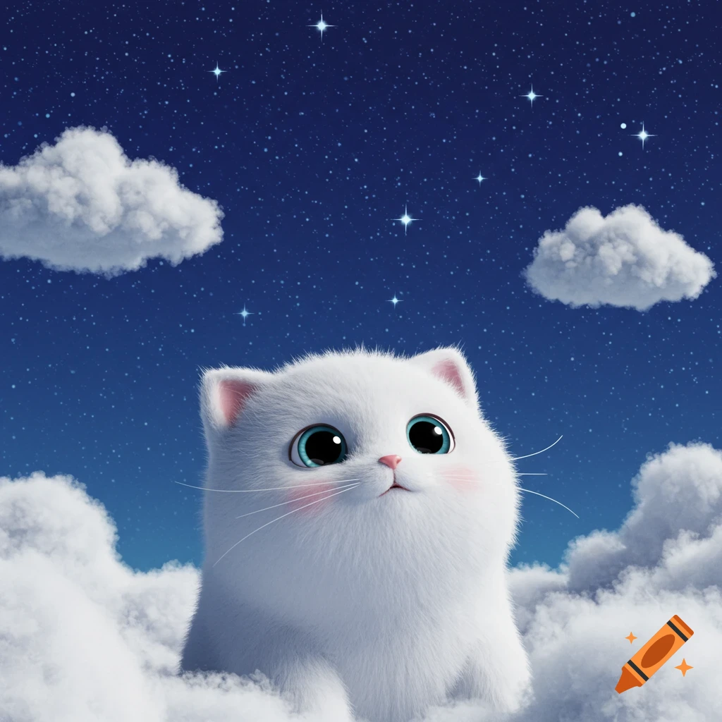A chubby white fluffy cartoon cat sits in clouds gazing at a starry sky