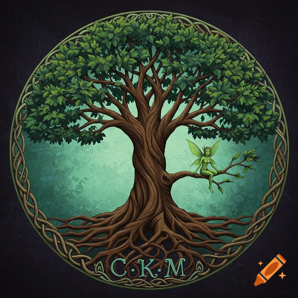 A Celtic Tree of Life with deep roots and sprawling branches, encircled by a Celtic knot border. A small green fairy sits on a branch. Letters C.K.M are visible among the roots.