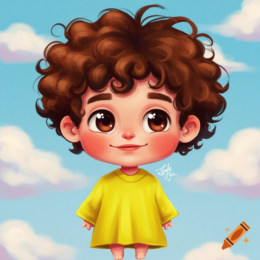 Whimsical digital illustration of a big-headed child with curly brown hair and large eyes wearing a yellow shirt against a cloudy blue sky.