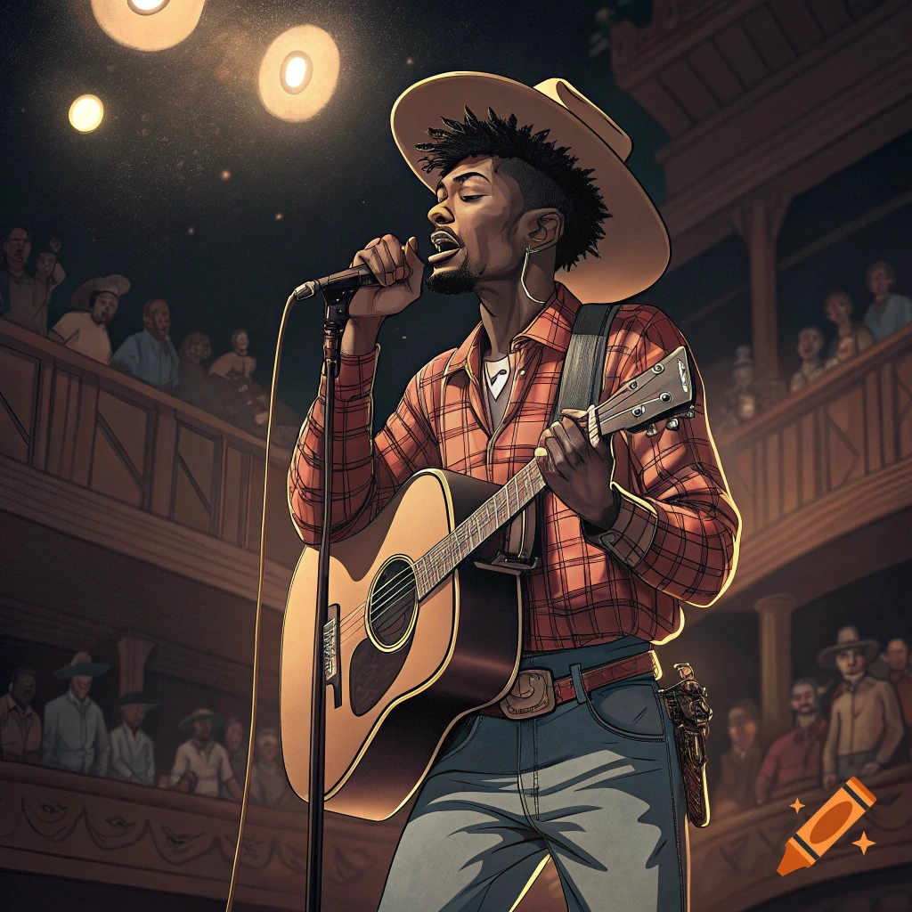 Man in cowboy hat singing and playing guitar on a stage.