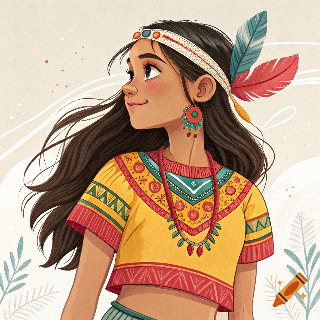 Illustrative portrait of a girl wearing a colorful patterned crop top, headband with feathers, and necklace