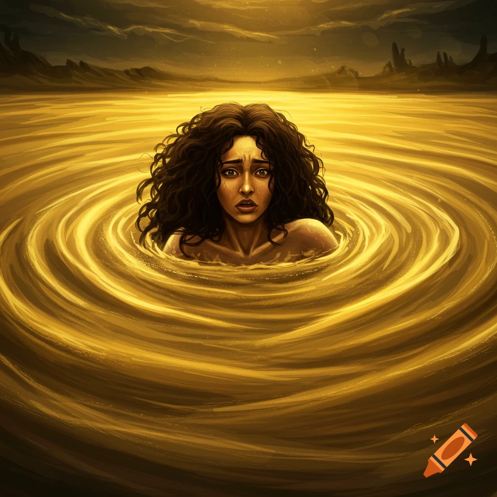 A distressed woman is submerged in swirling golden quicksand.