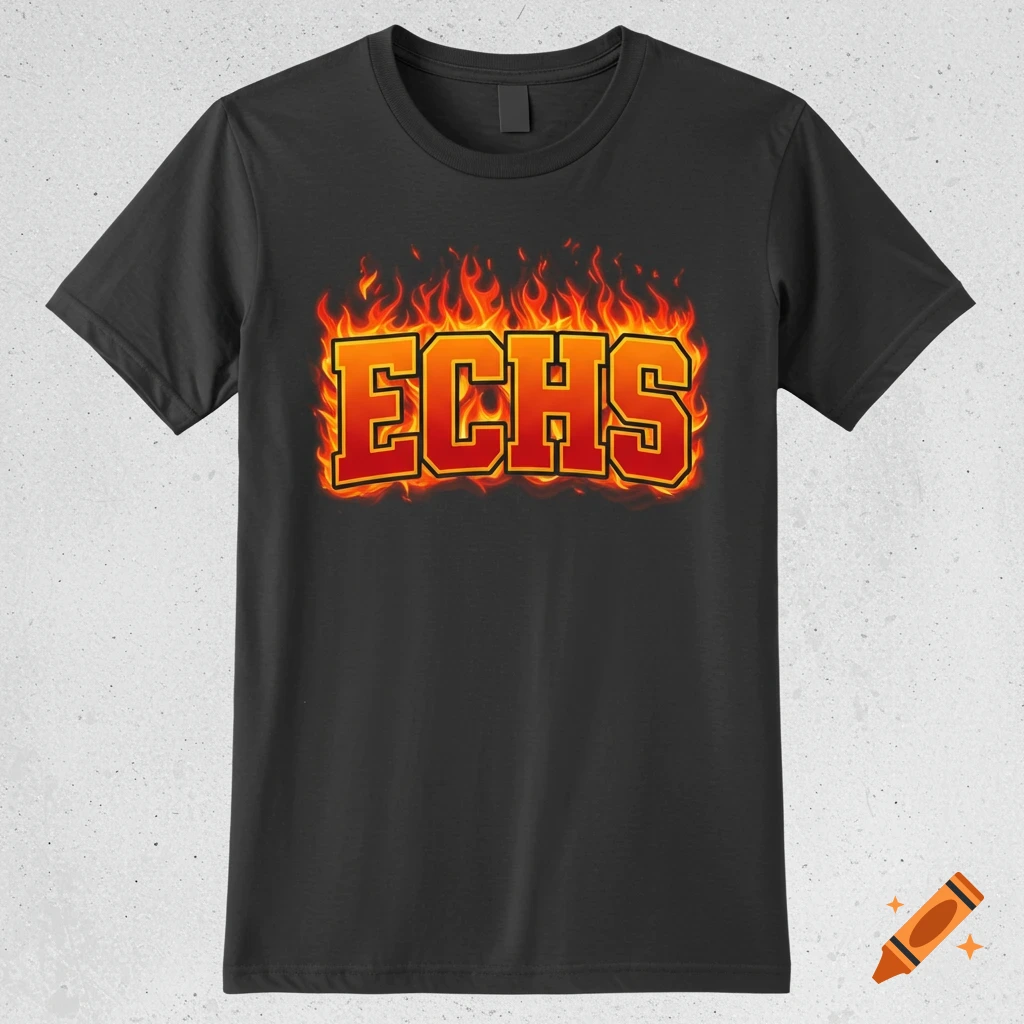 A black t-shirt with the letters ECHS in orange and yellow surrounded by red and orange flames.