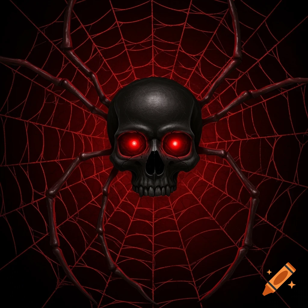 A black skull with red glowing eyes is in the center of a red spider web.